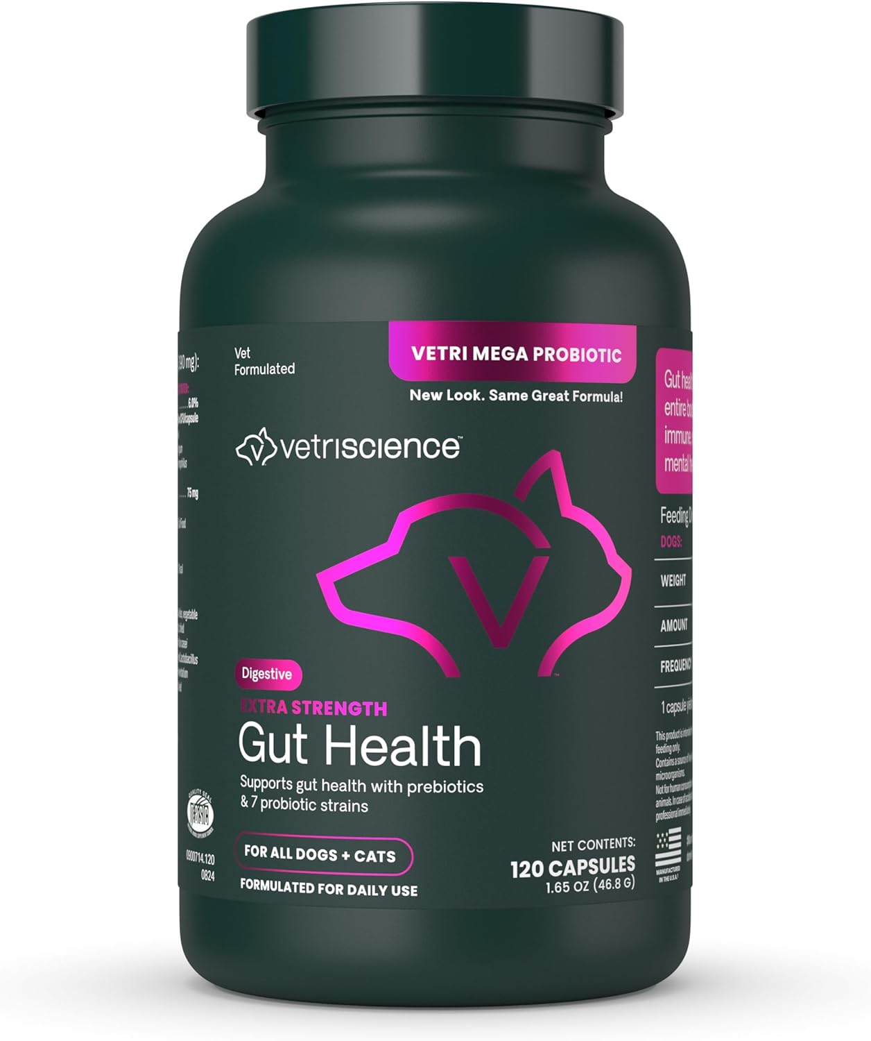 Extra Strength Gut Health Easy-Open Capsules, Mega Probiotic and Prebiotic Digestive Supplement for Dogs and Cats, for Diarrhea and Immune Support, 7.5 Billion CFU per Capsule, 120 Count