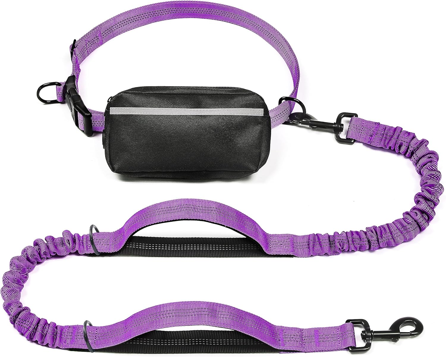 Hands Free Dog Leash with Zipper Pouch, Dual Padded Handles and Durable Bungee for Walking, Jogging and Running Your Dog (Large, 25-120 Lbs, Purple)