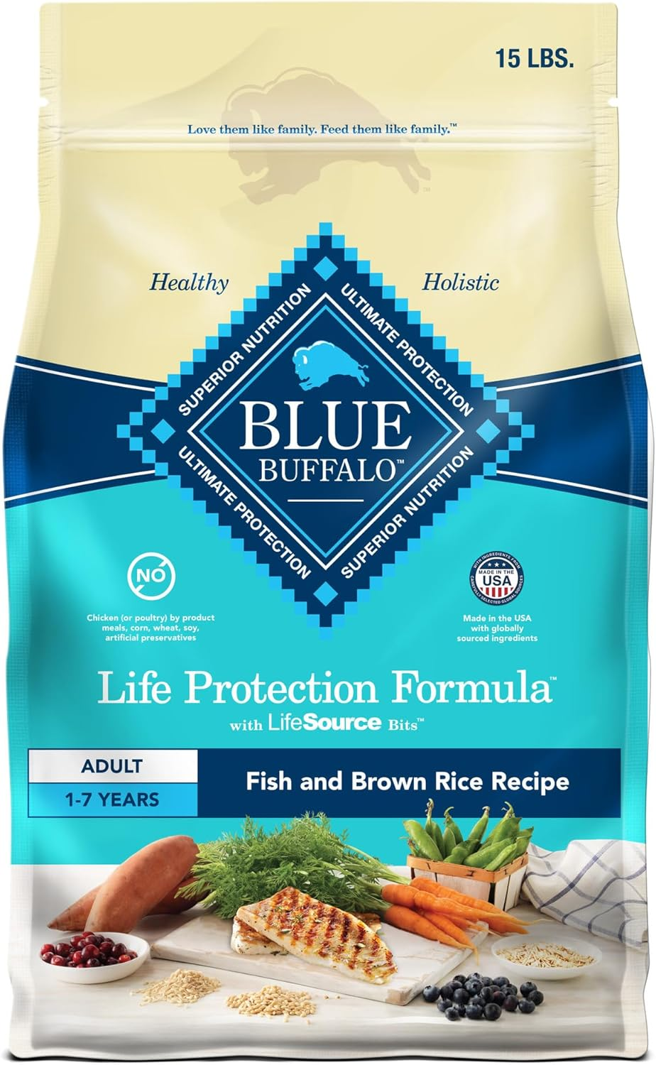 Life Protection Formula Adult Dry Dog Food, Helps Build and Maintain Strong Muscles, Made with Natural Ingredients, Fish & Brown Rice Recipe, 15-Lb Bag