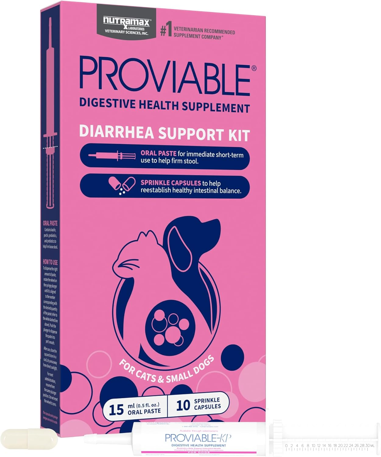 Nutramax Proviable Probiotics for Small Dogs and Cats, Diarrhea Support Kit, Digestive Health Supplement with Multiple Strains of Bacteria, plus Prebiotics, Kaolin and Pectin, 15 Ml Paste and 10 Capsules