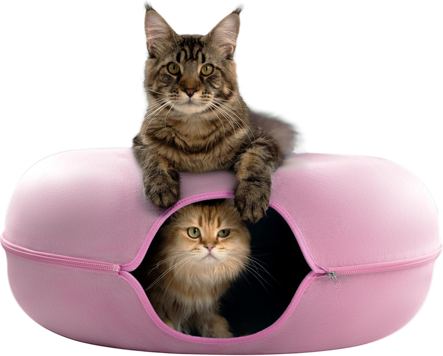 Peekaboo Cat Cave Donut for Multiple & Large Cats up to 30-45 Lbs, 3-In-1 Self Warming Cat Bed, Tunnel & Scratcher for Indoor Cats, Washable & Detachable Small Dog Bed (Pink, Jumbo)