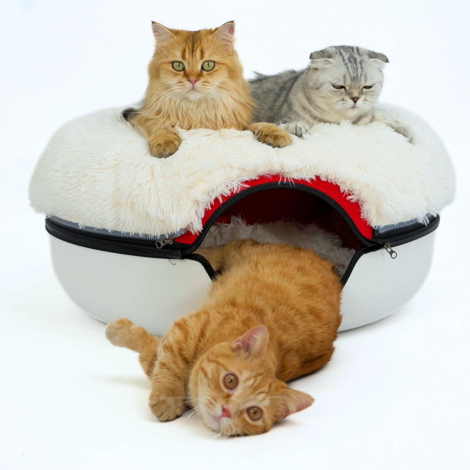 Peekaboo Cat Cave for Multiple & Large Cats up to 30-45 Lbs, Fluffy Cat Beds for Indoor Cats, Scratch Detachable & Washable Tunnel Bed, Comfy Donut Cave (Light Gray, Large (Calming))