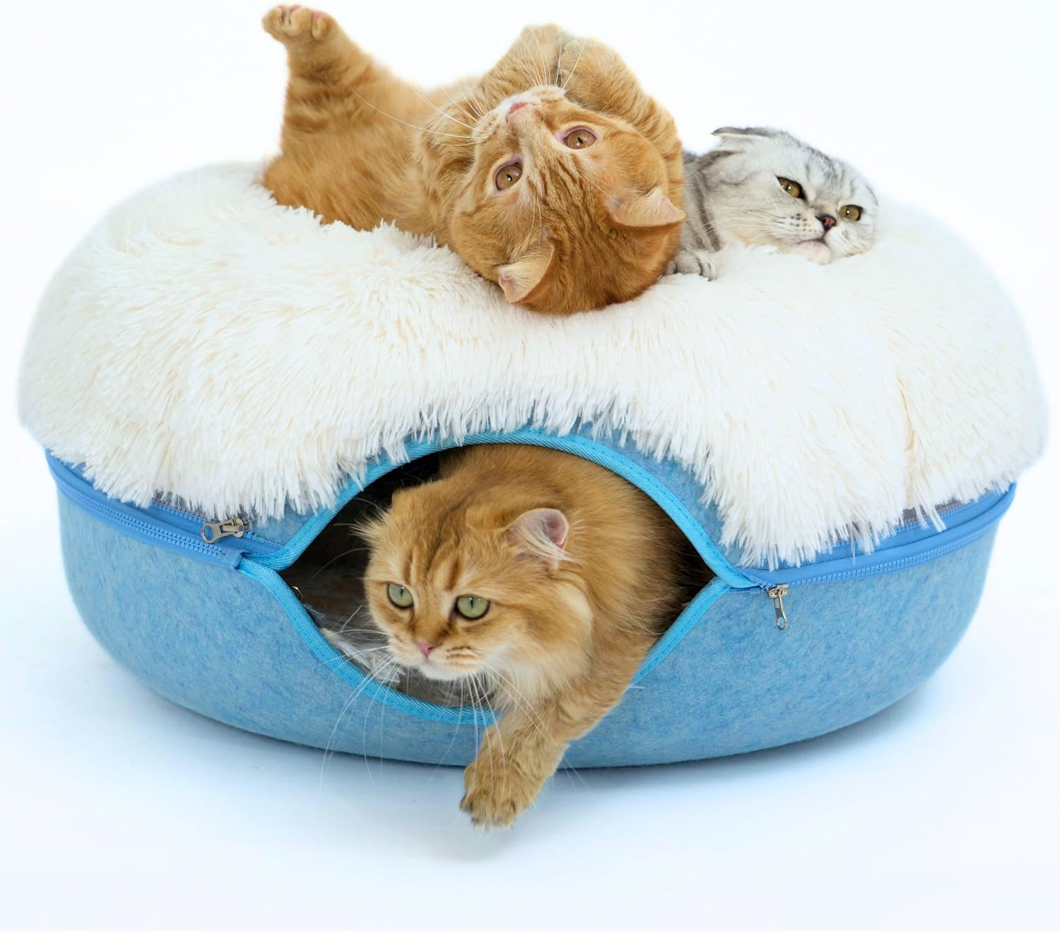 Peekaboo Cat Cave for Multiple & Large Cats up to 30-45 Lbs, Fluffy Cat Beds for Indoor Cats, Scratch Detachable & Washable Tunnel Bed, Comfy Donut Cave (Blue, Large (Calming))