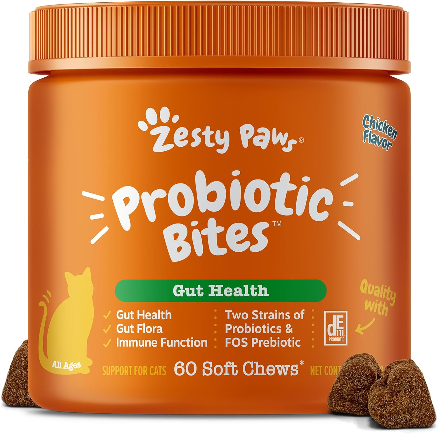 Probiotic Bites for Cats - Gut Flora & Immune System Support - Cat Supplement with DE111 Bacillus Subtilis - Pet Soft Chews with Probiotics & Prebiotics for Digestive Health - 60 Count