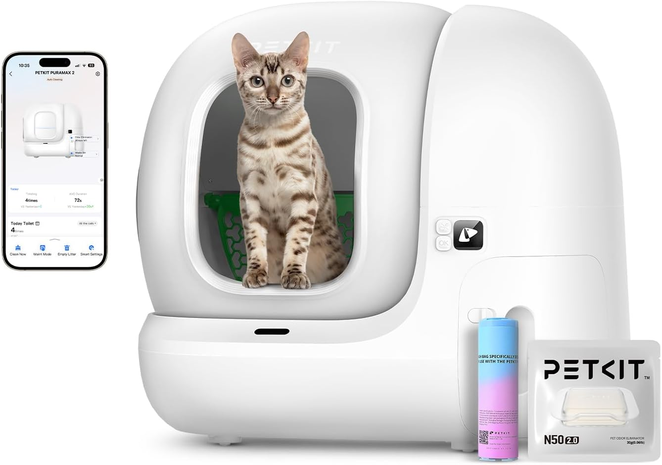 Puramax 2 Automatic Self-Cleaning Cat Litter Box, App Control Automatic Litter Box with Safety Sensors, Odor Free & Anti-Leakage Basic Bundle Includes Trash Bags,2.4G Wifi & Low Entrance