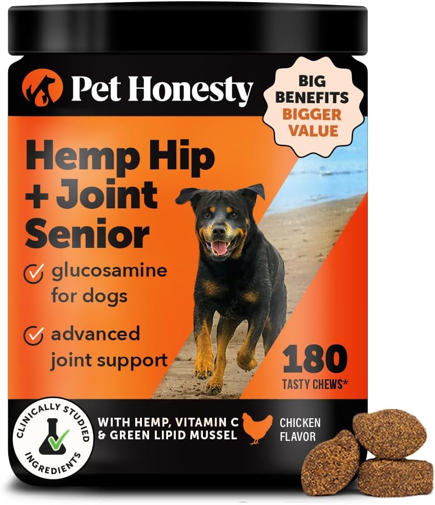 Senior Hemp Hip & Joint Supplement for Dogs - Dog Joint Supplement with Hemp Oil & Powder, Glucosamine, Collagen, MSM & Green Lipped Mussel - Mobility for Senior Dogs (Chicken 90)