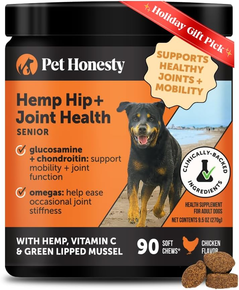Senior Hemp Hip & Joint Supplement for Dogs - Dog Joint Supplement with Hemp Oil & Powder, Glucosamine, Collagen, MSM & Green Lipped Mussel - Mobility for Senior Dogs (Chicken 90)