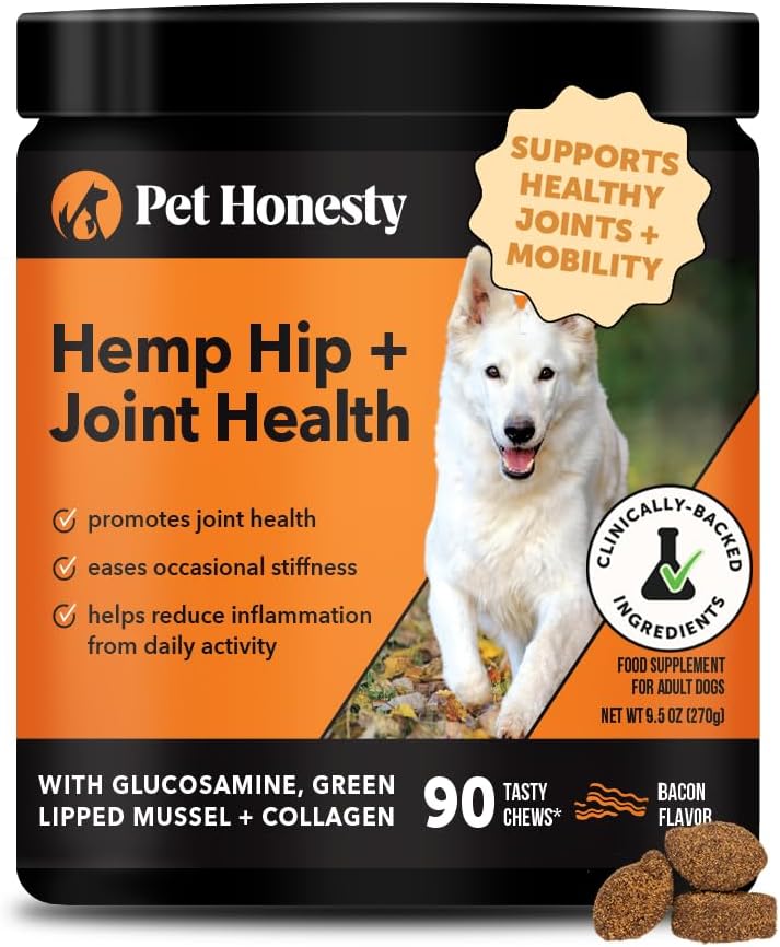 Senior Hemp Hip & Joint Supplement for Dogs - Dog Joint Supplement with Hemp Oil & Powder, Glucosamine, Collagen, MSM & Green Lipped Mussel - Mobility for Senior Dogs (Chicken 90)