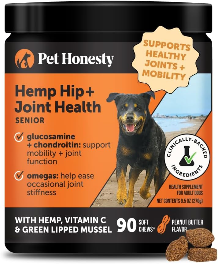 Senior Hemp Hip & Joint Supplement for Dogs - Dog Joint Supplement with Hemp Oil & Powder, Glucosamine, Collagen, MSM & Green Lipped Mussel - Mobility for Senior Dogs (Chicken 90)