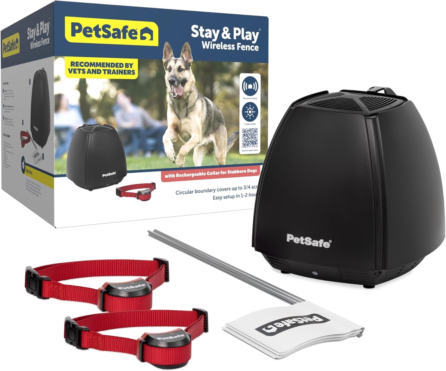 Stay & Play Wireless Fence for Stubborn Dogs - America'S Safest Wireless Pet Containment System - No Dig Electric Fence with Circular Boundary - Secure 3/4-Acre Yard - for Dogs 5Lb+