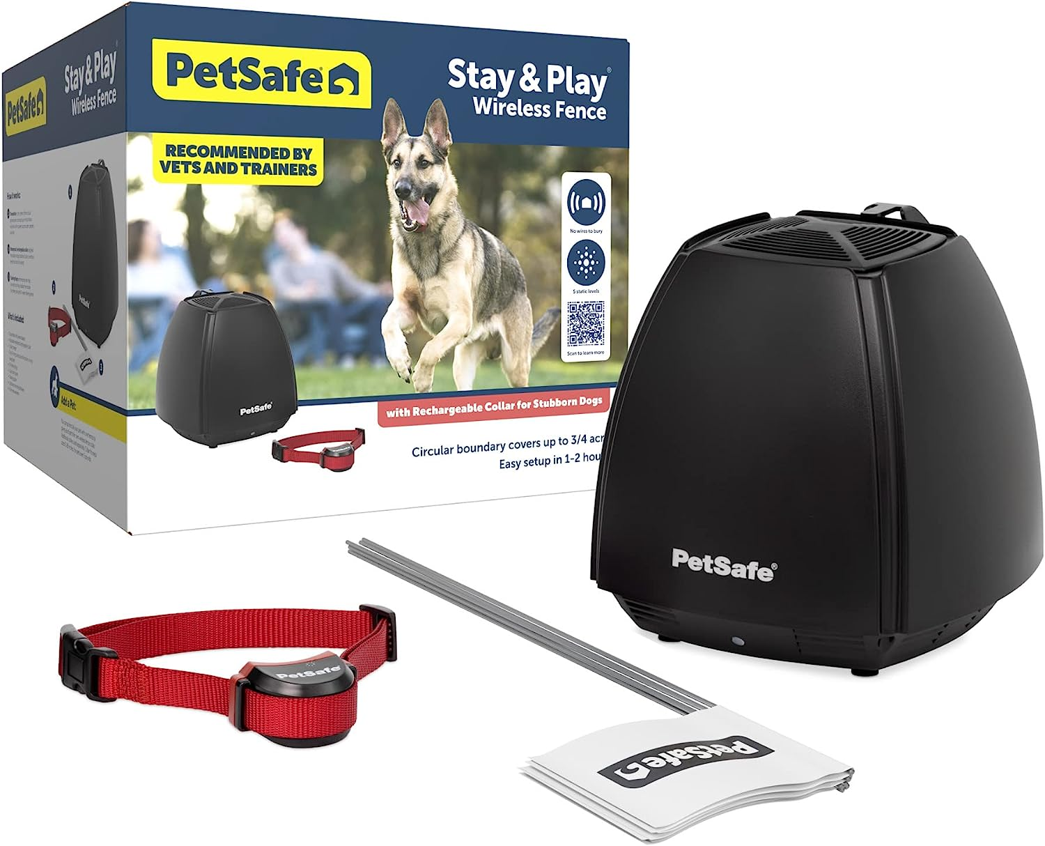 Stay & Play Wireless Fence for Stubborn Dogs - America'S Safest Wireless Pet Containment System - No Dig Electric Fence with Circular Boundary - Secure 3/4-Acre Yard - for Dogs 5Lb+