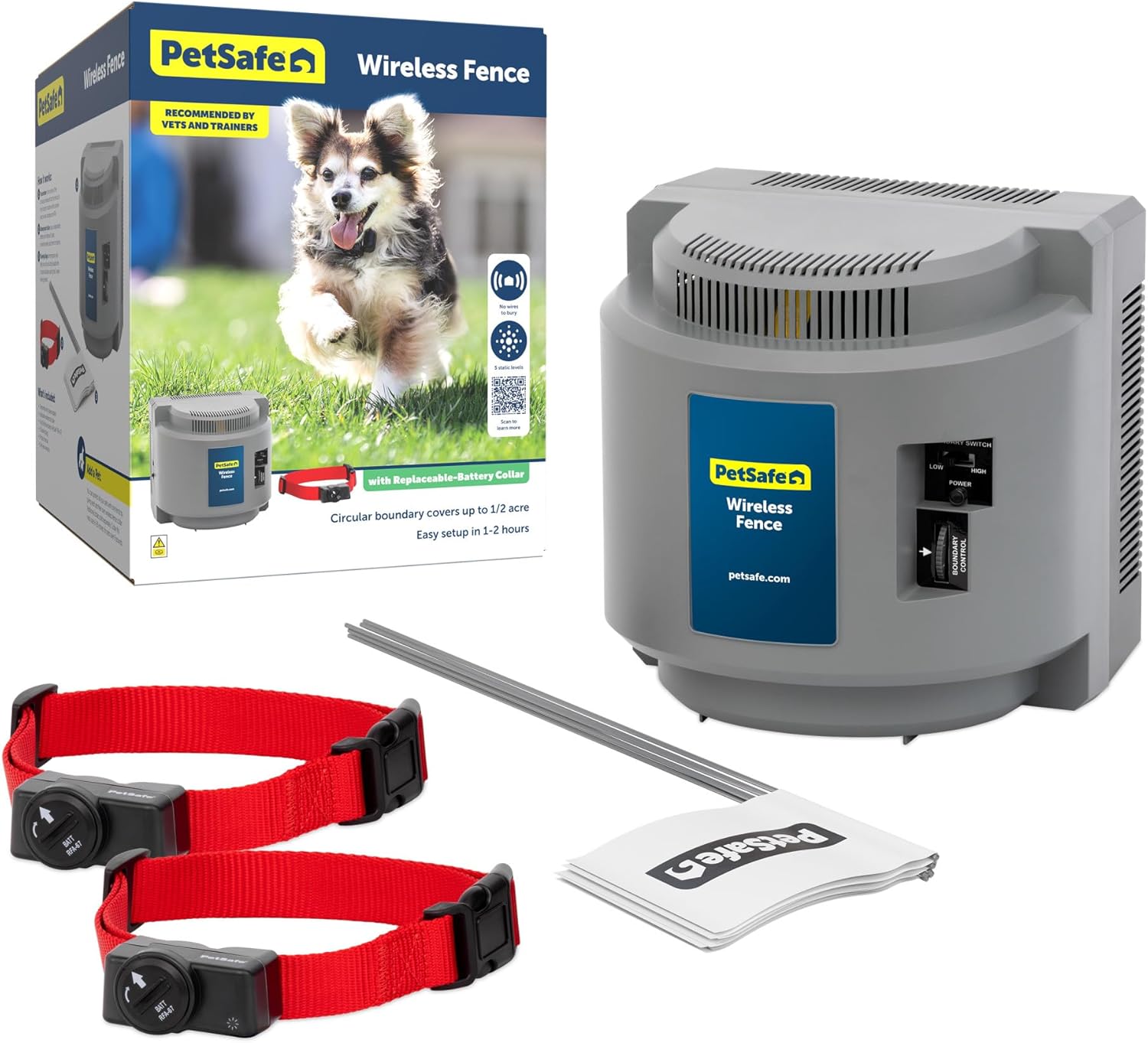 Stay & Play Wireless Fence for Stubborn Dogs - America'S Safest Wireless Pet Containment System - No Dig Electric Fence with Circular Boundary - Secure 3/4-Acre Yard - for Dogs 5Lb+