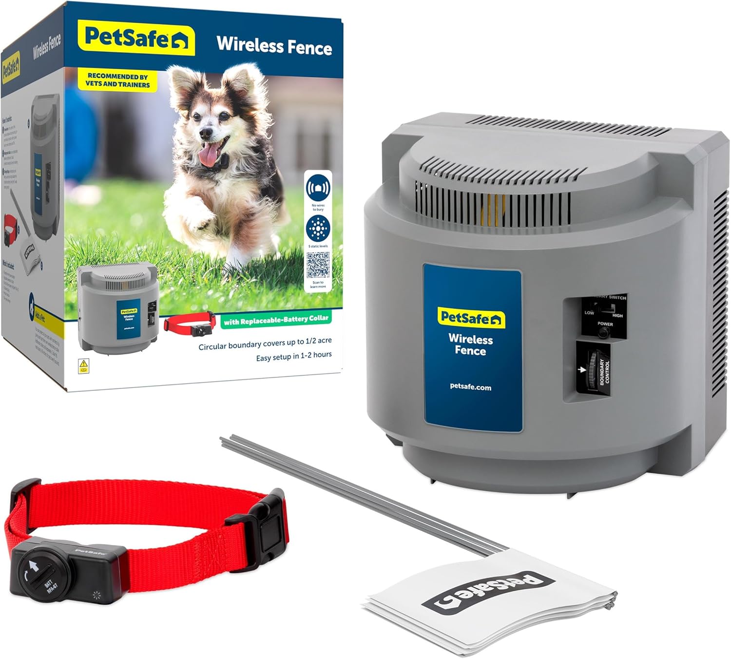 Stay & Play Wireless Fence for Stubborn Dogs - America'S Safest Wireless Pet Containment System - No Dig Electric Fence with Circular Boundary - Secure 3/4-Acre Yard - for Dogs 5Lb+