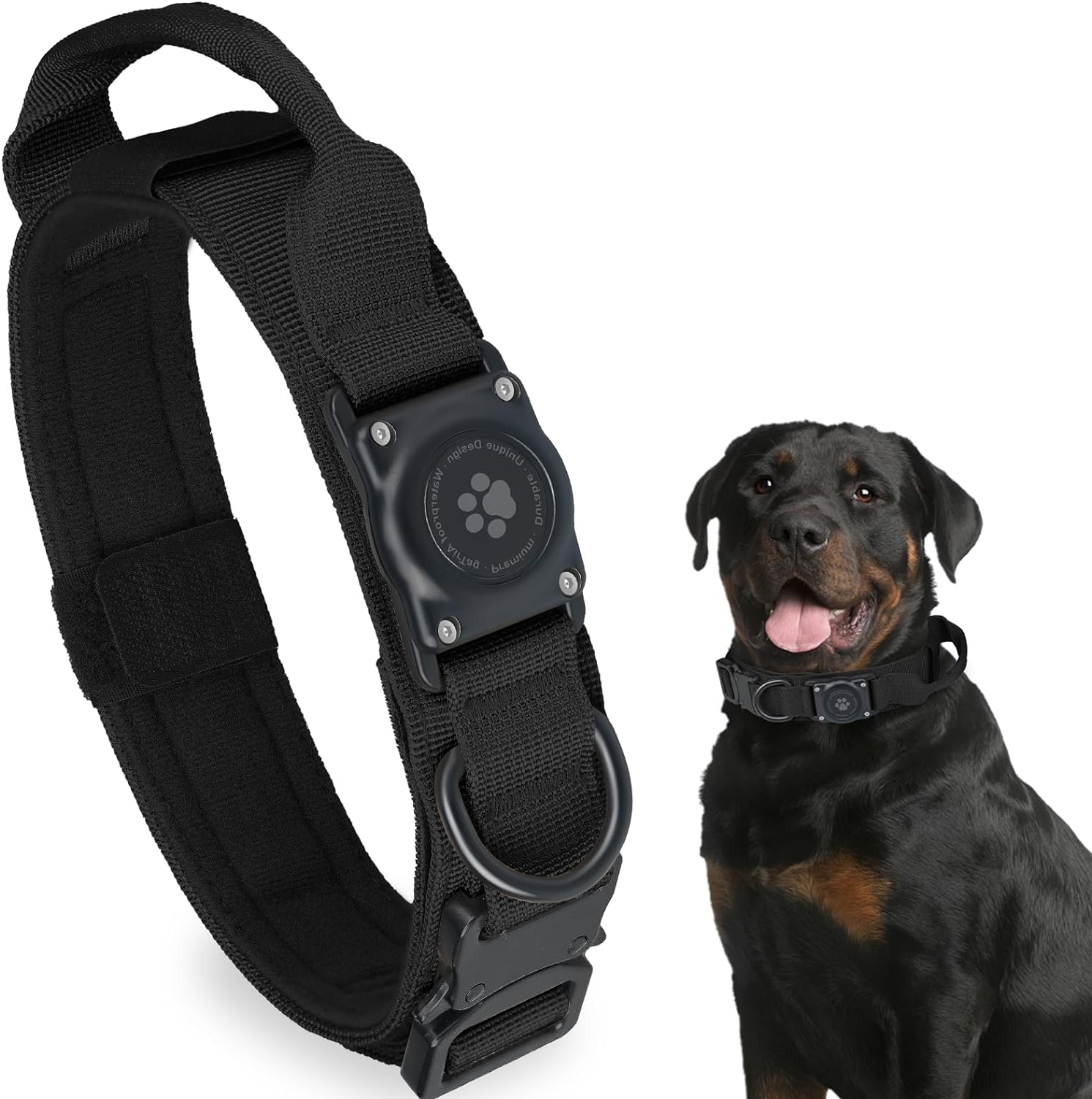 Tactical Airtag Dog Collar, 100% Waterproof Integrated Apple Air Tag Dog Collars with Hard PC Airtag Holder, Adjustable Military Collar with Handle, GPS Dog Collar for Medium Large Dogs (XL, Black)