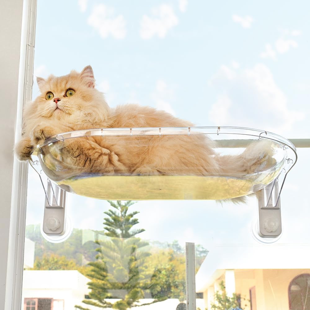 Transparent Cat Window Perch, Easy to Install & Clean Cat Hammock with 4 Enlarged Suction Cups for Large Cats, Panoramic Space Capsule Window Seat with Cozy Furry Mat