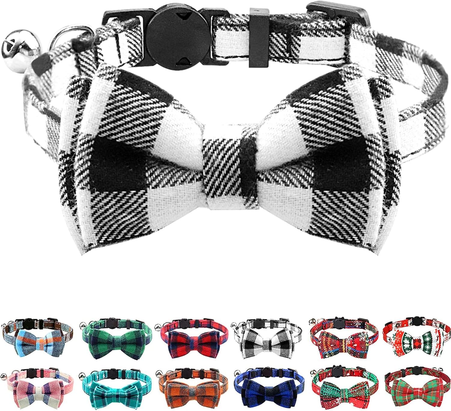 Upgraded Cat Collar with Bells, Breakaway Cat Collars with Bow Tie, 1 Pack Girl Boy Safety Plaid Kitten Collars, Haze Blue