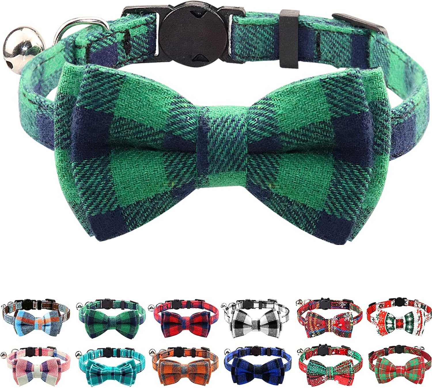 Upgraded Cat Collar with Bells, Breakaway Cat Collars with Bow Tie, 1 Pack Girl Boy Safety Plaid Kitten Collars, Haze Blue