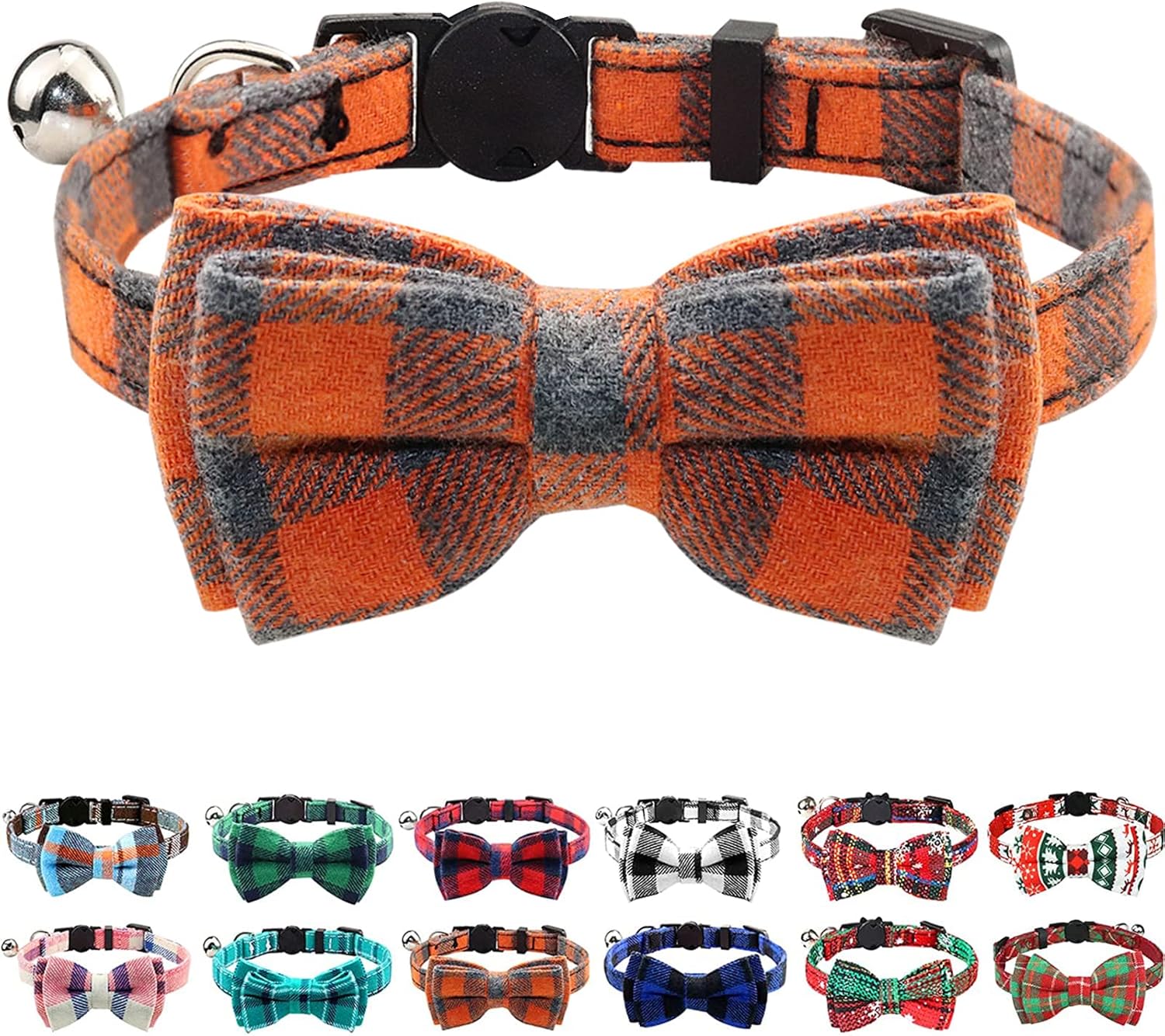 Upgraded Cat Collar with Bells, Breakaway Cat Collars with Bow Tie, 1 Pack Girl Boy Safety Plaid Kitten Collars, Haze Blue