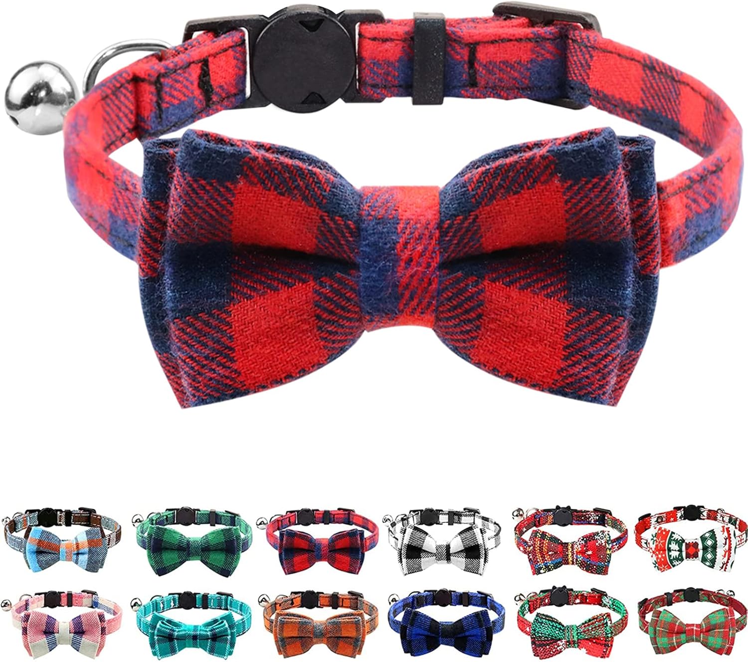 Upgraded Cat Collar with Bells, Breakaway Cat Collars with Bow Tie, 1 Pack Girl Boy Safety Plaid Kitten Collars, Haze Blue
