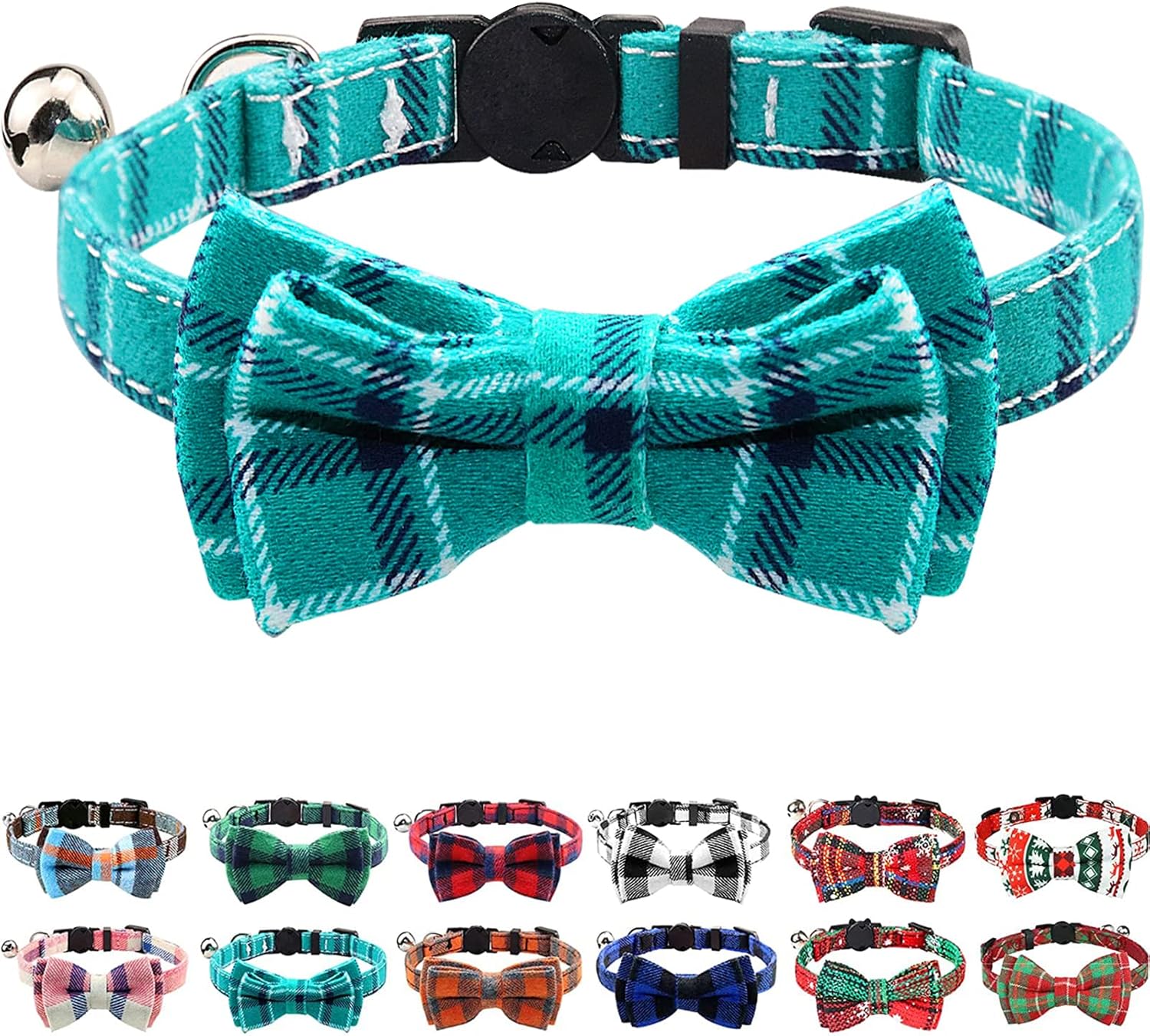 Upgraded Cat Collar with Bells, Breakaway Cat Collars with Bow Tie, 1 Pack Girl Boy Safety Plaid Kitten Collars, Haze Blue