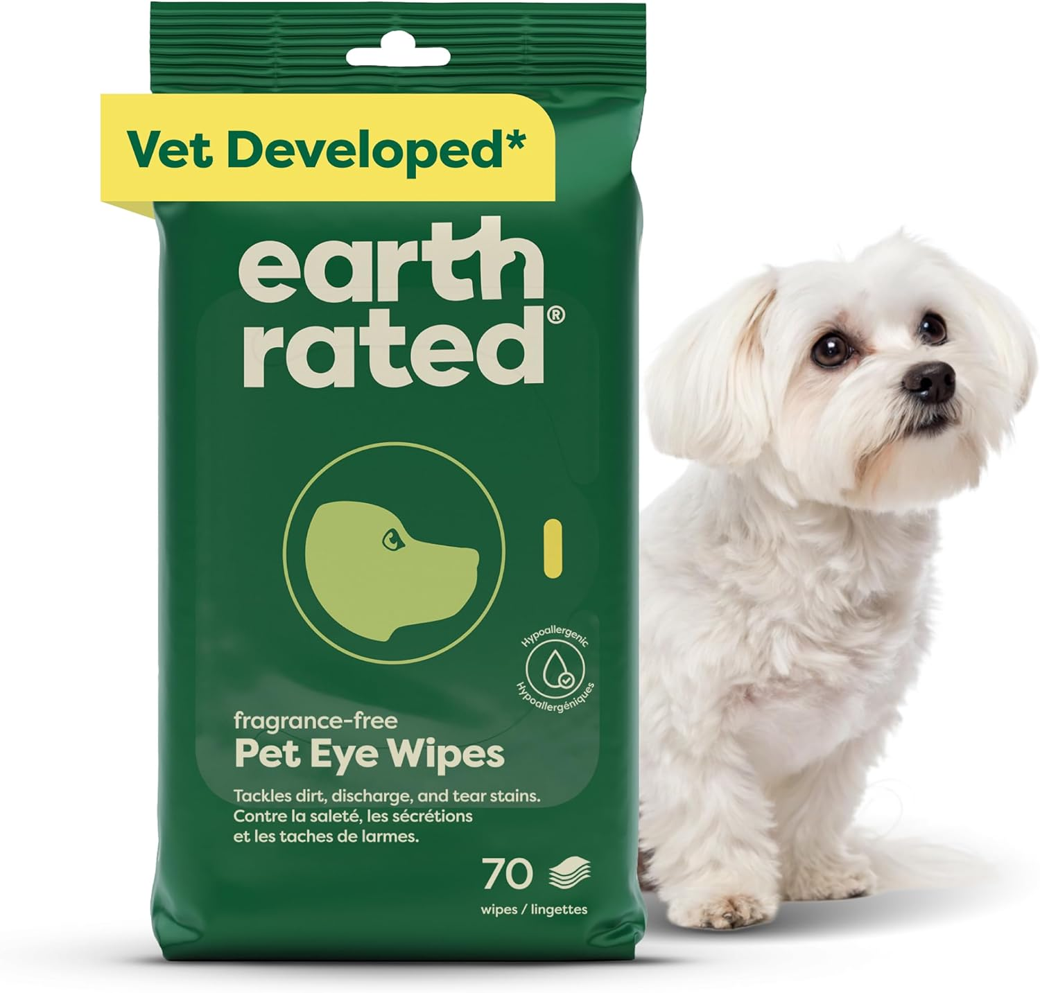 Vet-Developed Pet Eye Wipes, Hypoallergenic Cleaner for Dogs & Cats Eyes to Remove Dirt & Discharge, Fragrance Free, 70 Count