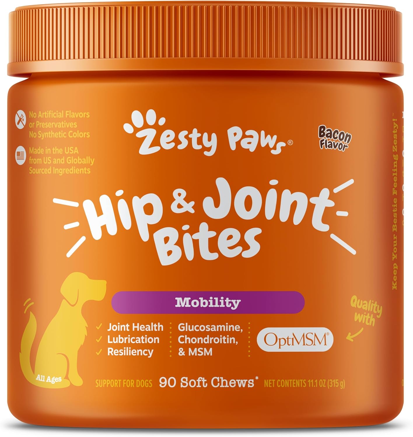 Vet Strength Mobility Bites Beef & Bacon Flavor Hip & Joint Support Chews for Dogs with Glucosamine, Chondroitin, MSM, Hyaluronic Acid & Serrazimes - 90 Count