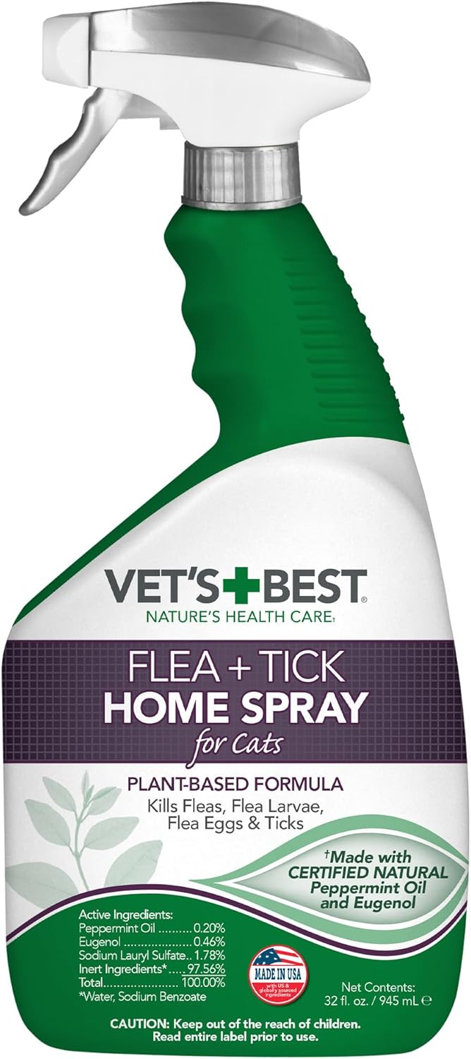 Vet’S Best Flea & Tick Home Spray for Cats – Plant-Based Flea and Tick Treatment with Cotton Spice Scent – Gentle Flea Mist for Indoor Use – Made in USA Natural Cat Flea Control – 32 Oz