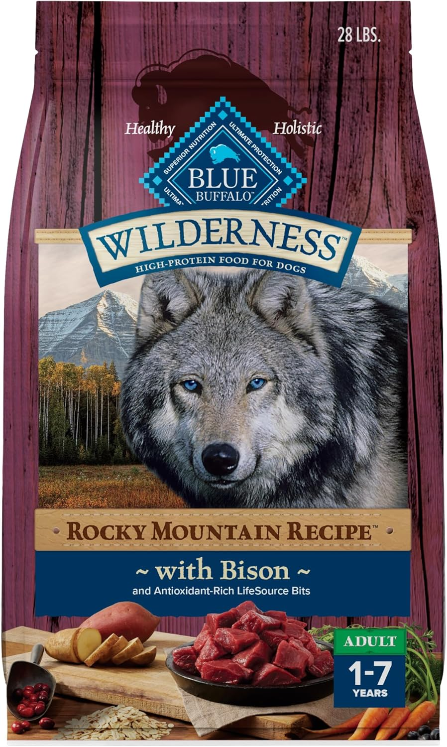 Wilderness Rocky Mountain Recipe High-Protein Adult Dry Dog Food, Made in the USA with Natural Ingredients plus Wholesome Grains, Bison, 28-Lb. Bag