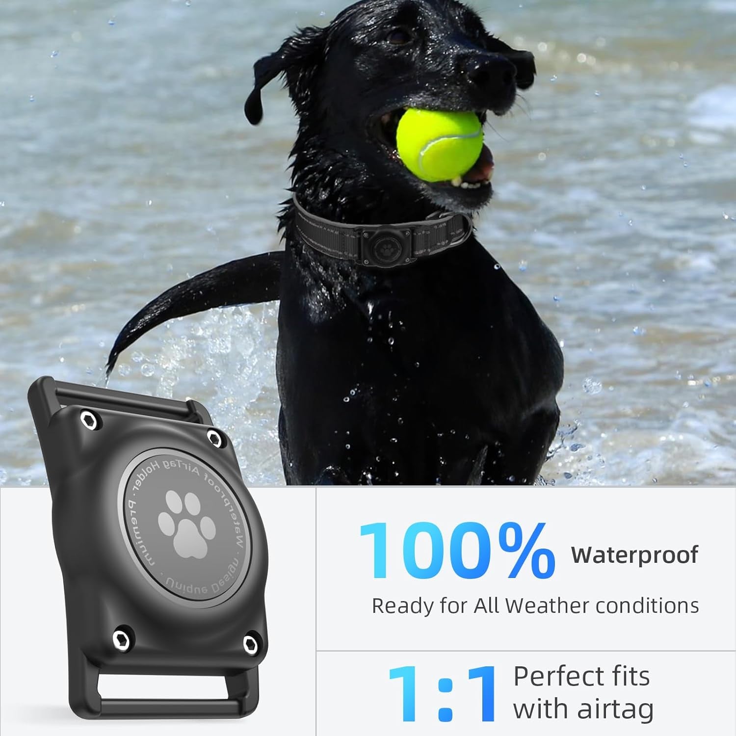 Airtag Dog Collar - 100% Waterproof Air Tag Dogs Collars Holder for Apple Airtag, Reflective, Soft Padded, Everlasting, GPS Dog Collar for Small Medium Large Dogs (Black, XL)