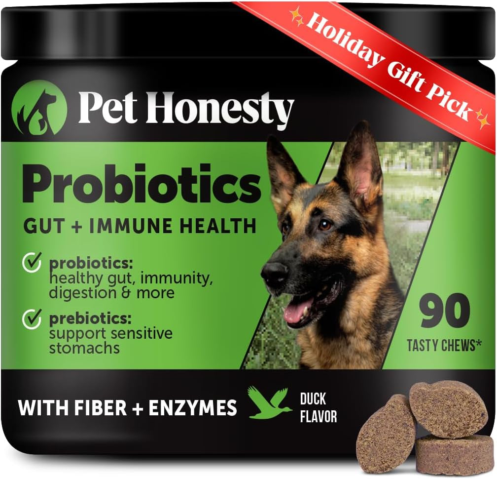 Probiotics for Dogs - Digestive Enzymes Promotes Gut Health, Dog Probiotics for Bowel Support, Fiber for Regularity, Prebiotics for Immune Health & Gut Flora (Duck, 90 Ct)