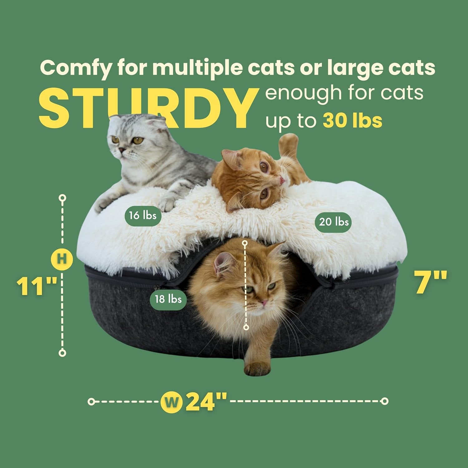 Peekaboo Cat Cave for Multiple & Large Cats up to 30-45 Lbs, Fluffy Cat Beds for Indoor Cats, Scratch Detachable & Washable Tunnel Bed, Comfy Donut Cave (Dark Gray, Large (Calming))