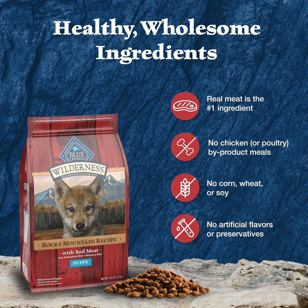 Wilderness Rocky Mountain Recipe High-Protein Dry Puppy Food with DHA, Made in the USA with Natural Ingredients plus Wholesome Grains, Red Meat, 4.5-Lb. Bag