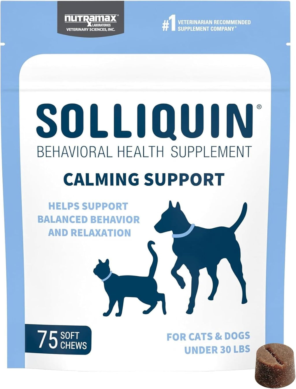 Solliquin Calming Behavioral Health Supplement for Small to Medium Dogs and Cats - with L-Theanine, Magnolia / Phellodendron, and Whey Protein Concentrate, 75 Soft Chews