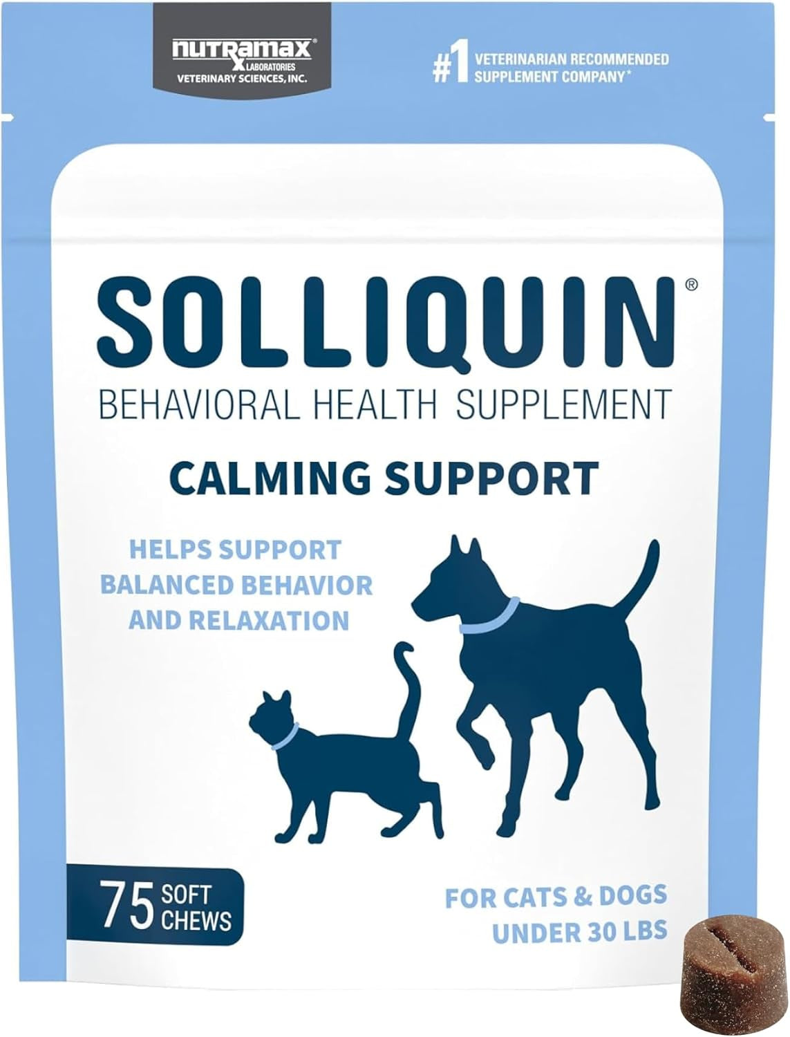 Solliquin Calming Behavioral Health Supplement for Small to Medium Dogs and Cats - with L-Theanine, Magnolia / Phellodendron, and Whey Protein Concentrate, 75 Soft Chews