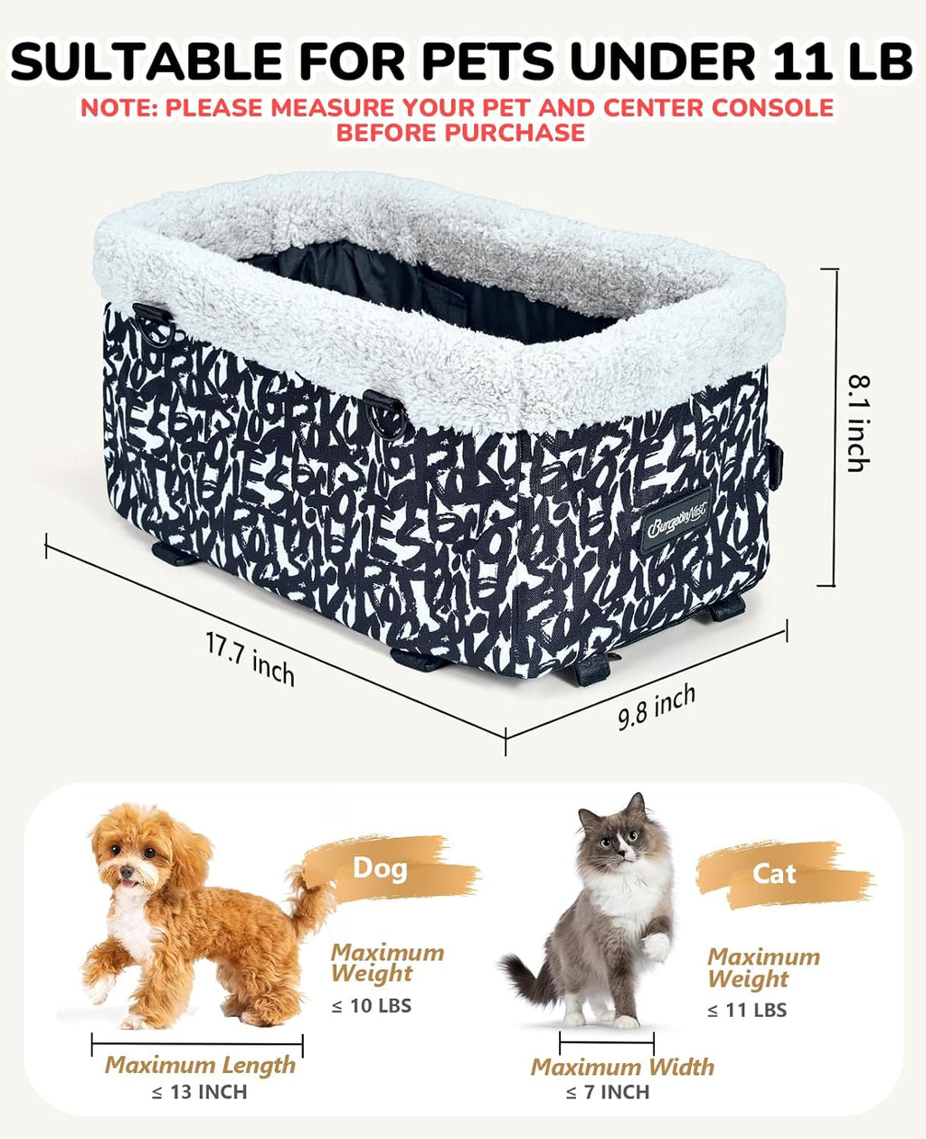 Center Console Dog Car Seat for Small Dogs, Puppy Cat Car Seat Booster with Soft Cushion Safety Belt, Seats Safe & Cozy Metal Frame Armrest Dog Booster Pet under 11 Lbs (Graffiti)