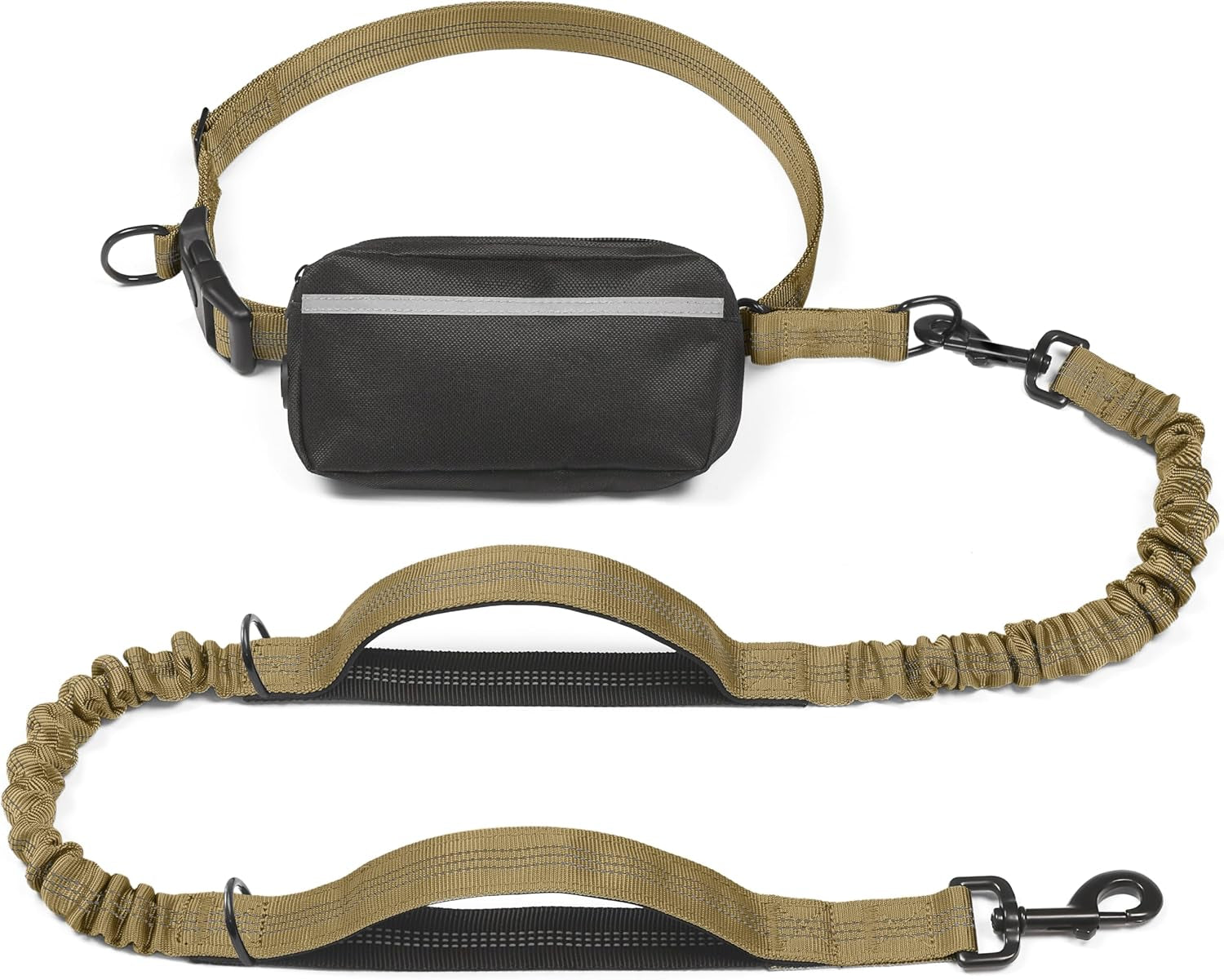 Hands Free Dog Leash with Zipper Pouch, Dual Padded Handles and Durable Bungee for Walking, Jogging and Running Your Dog (Large, 25-120 Lbs, Khaki)