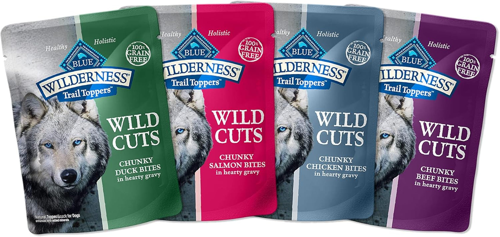 Wilderness Trail Toppers Wild Cuts High Protein, Natural Wet Dog Food Variety Pack, Beef, Salmon, Duck & Chicken, 3-Oz Pouches, 24 Count