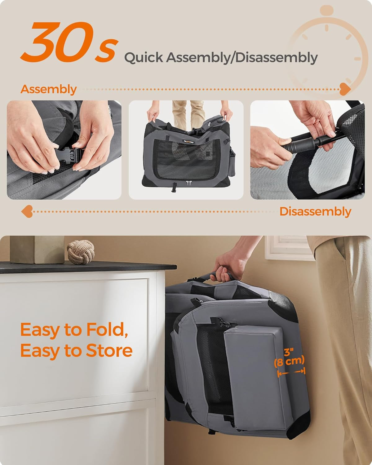 24 Inches Collapsible Soft Dog Crate, Portable Travel Dog Crate for Indoor and Outdoor Use, Dog Carrier Kennel with Safety Zippers, for Living Room, Car, Travelling, Camping, Gray UPDC60GY