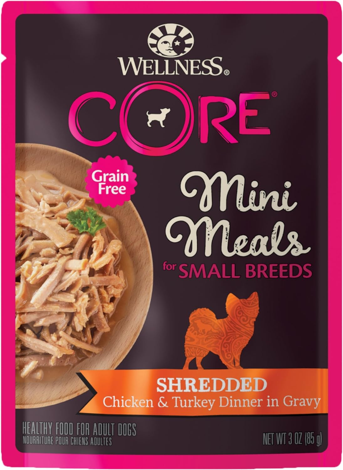 CORE Natural Grain Free Small Breed Mini Meals Wet Dog Food, Shredded Chicken & Turkey Dinner in Gravy, 3-Ounce Pouch (Pack of 12)
