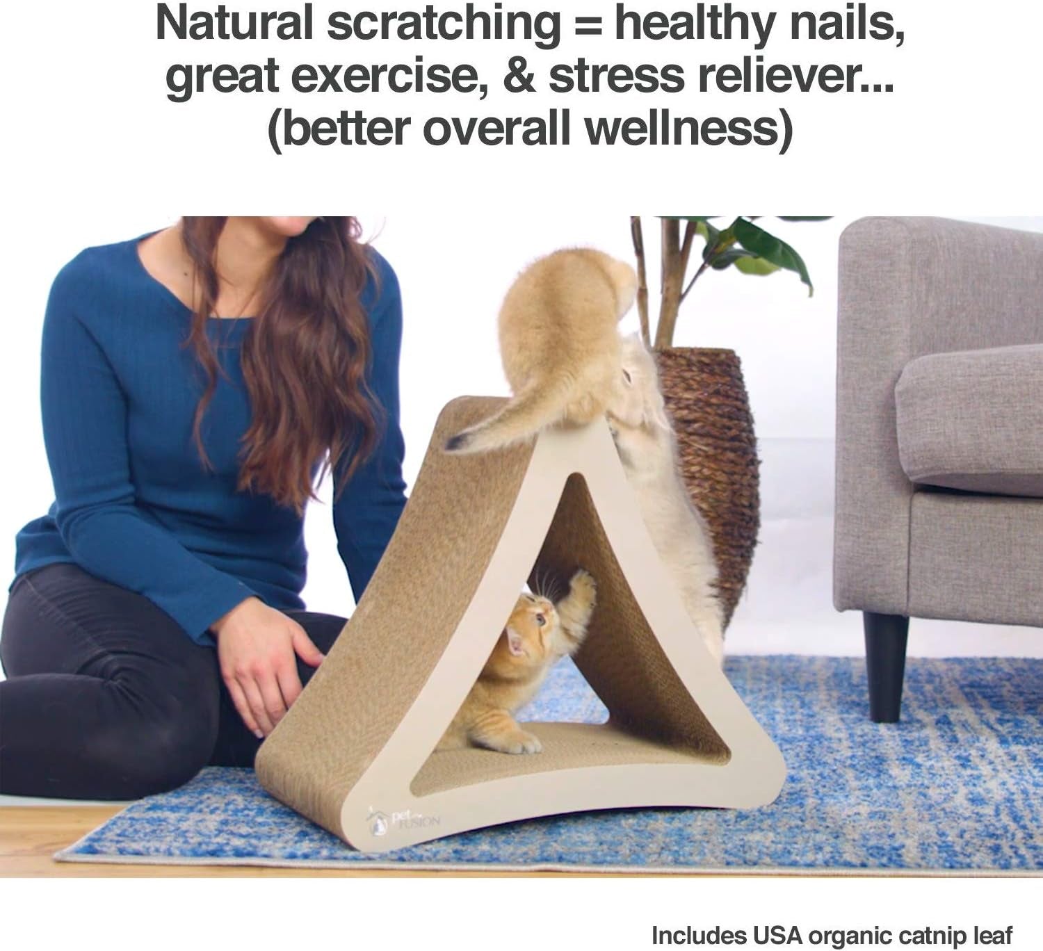 3-Sided Vertical Scratch Play & Perch Cat Scratching Post, 18" X 10.5" X 15.9", Multiple Angle Cat Scratching Pad; 6 Usable Sides, 100% Recyclable Cardboard Lounge