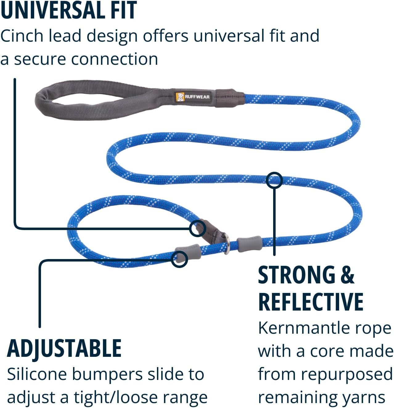 , Just‑A‑Cinch Slip Lead Dog Leash, 5 Ft Reflective Rope with Adjustable Silicone Stoppers, Collar‑Free Cinch Design, Tubular Webbing Handle, Accessory Loop, Obsidian Black