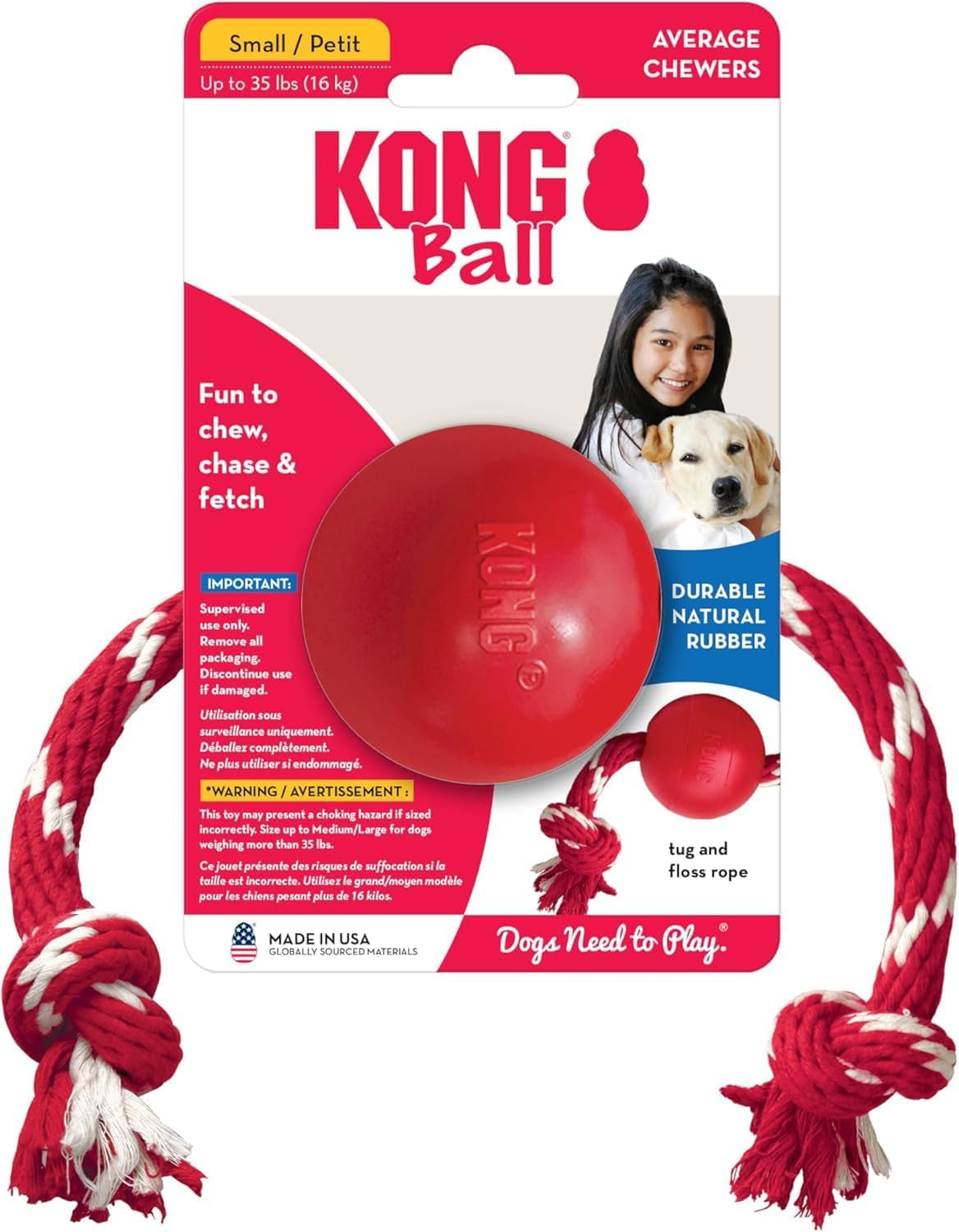 Ball with Rope - Durable Fetch Toy with Rope for Easy Throwing - for Tug, Playtime & More - Natural Rubber - Red - for Small Dogs