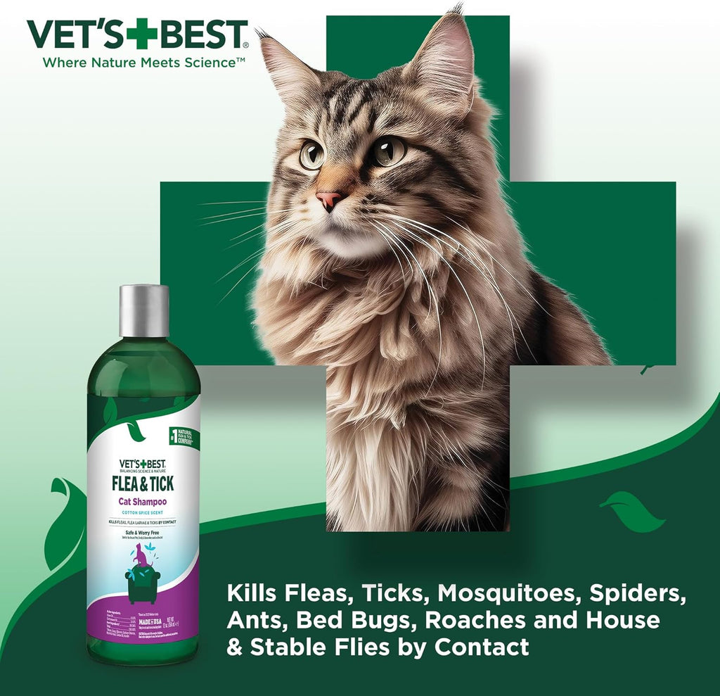 Vet’S Best Natural Flea and Tick Shampoo for Cats – Plant-Based Formula with Certified Essential Oils – Cat-Safe Flea Bath and Pest Control Treatment – Gentle and Effective – 12 Oz Bottle