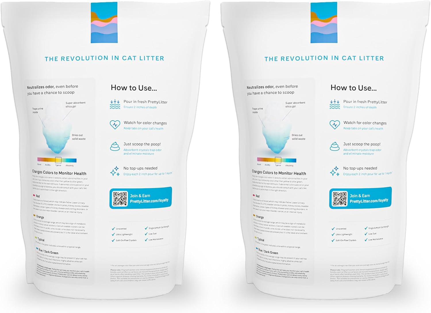 Prettylitter Health Monitoring Cat Litter (Unscented, Non Clumping) | Lightweight & Low Tracking, Color Changing Silica Gel Crystals, Advanced Odor Control — 6 Lbs, Pack of 2 (Two Month Supply)