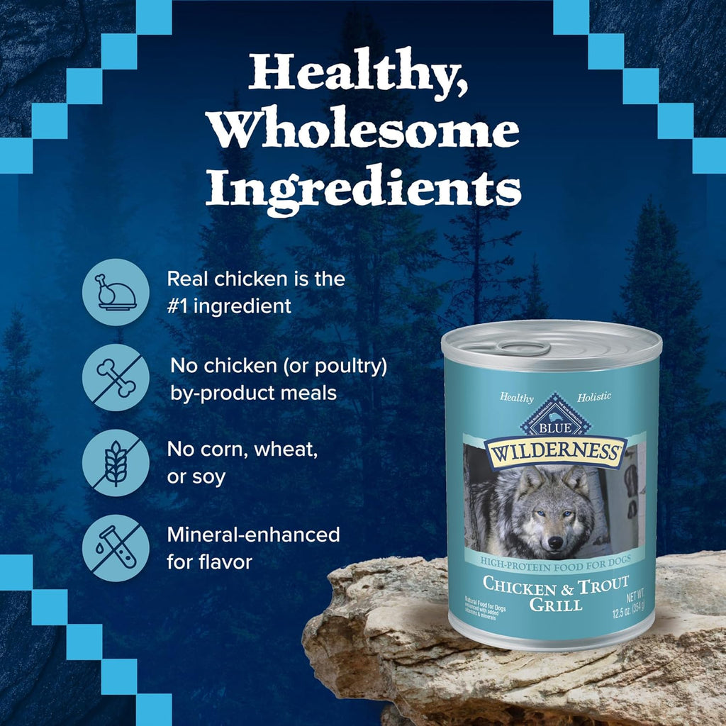 Wilderness Adult Wet Dog Food, High-Protein & Grain-Free, Made with Natural Ingredients, Chicken & Trout Grill, 12.5-Oz. Cans, 12 Count