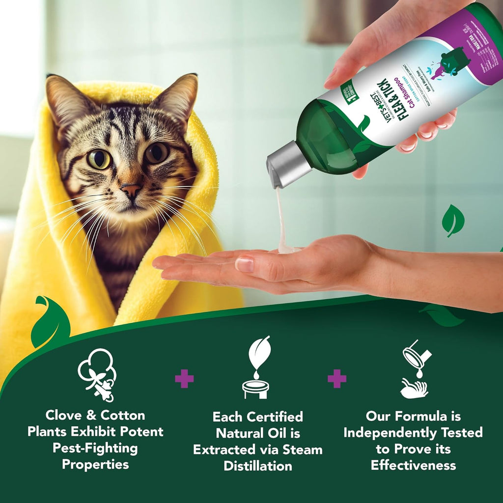 Vet’S Best Natural Flea and Tick Shampoo for Cats – Plant-Based Formula with Certified Essential Oils – Cat-Safe Flea Bath and Pest Control Treatment – Gentle and Effective – 12 Oz Bottle