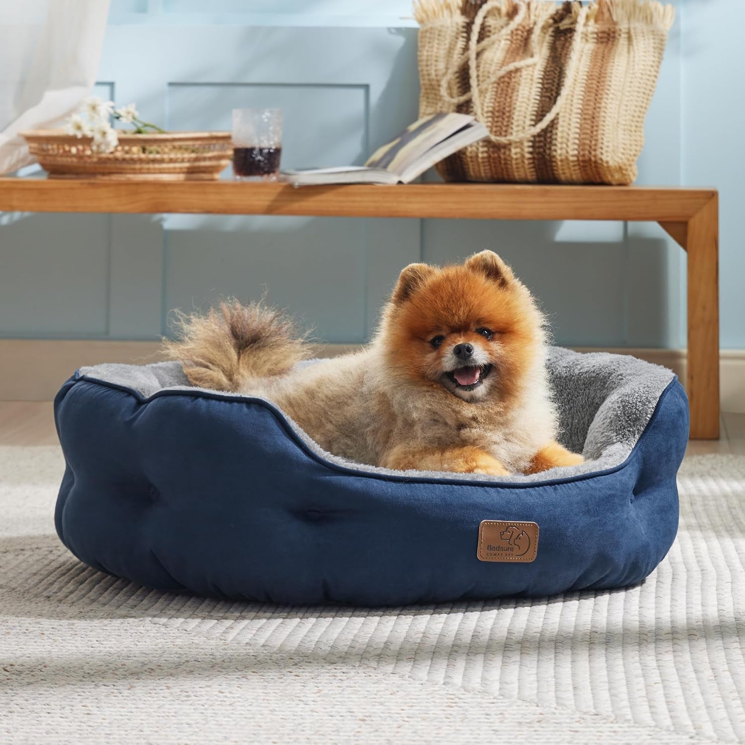 Dog Beds for Small Dogs - round Cat Beds for Indoor Cats, Washable Pet Bed for Puppy and Kitten with Slip-Resistant Bottom, 25 Inches, Navy
