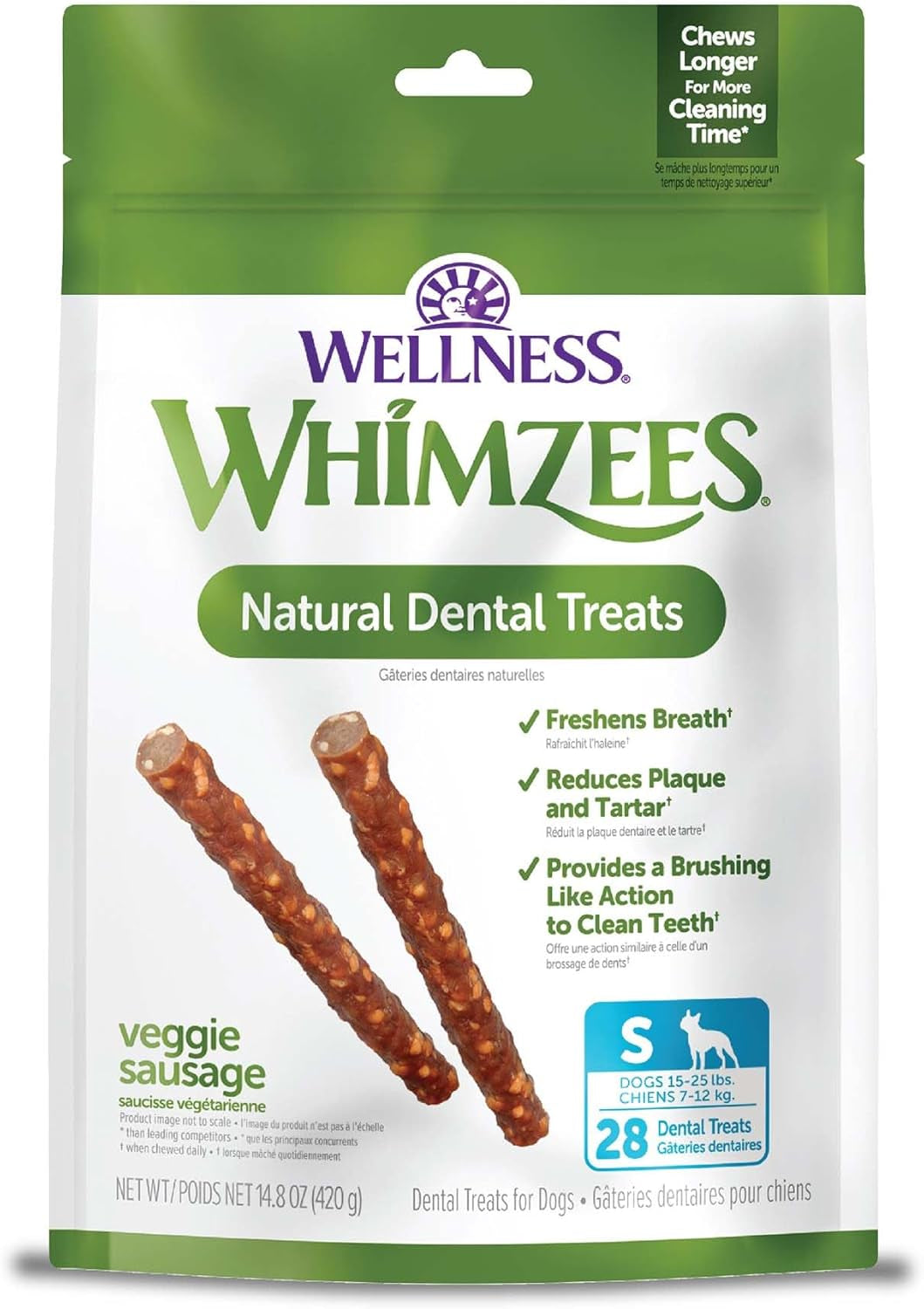 Wellness Veggie Sausage Dog Dental Treats, Natural Chews, Small Size Stick, (28 Count)